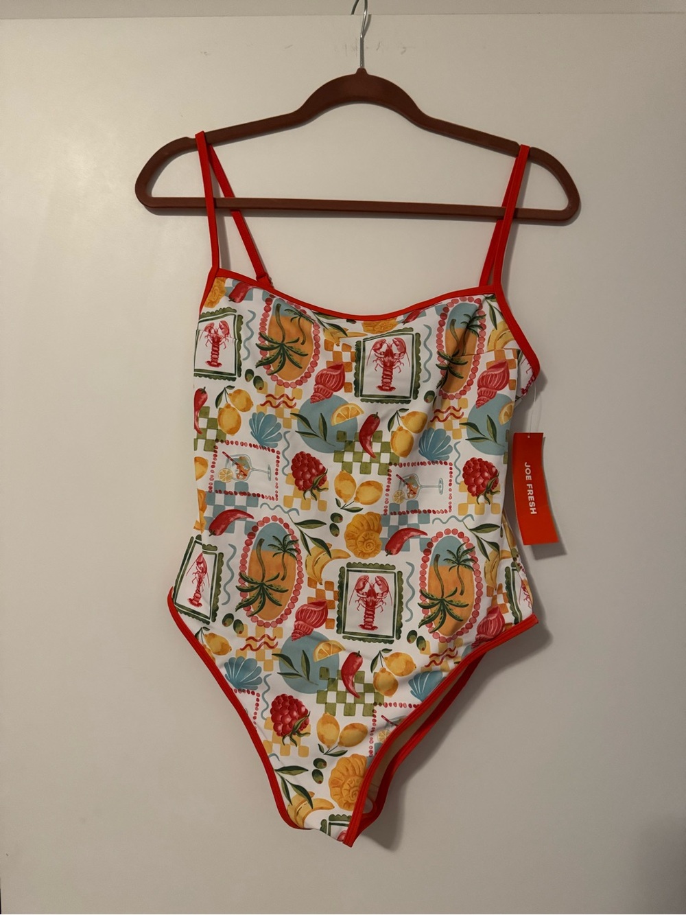 Joe Fresh White Tropical Print One-Piece Swimsuit with Red Trim NWT